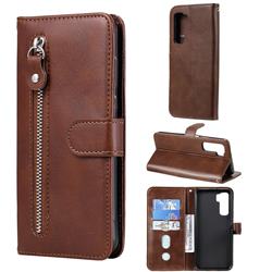 Retro Luxury Zipper Leather Phone Wallet Case for Huawei P40 Lite 5G - Brown