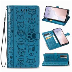 Embossing Dog Paw Kitten and Puppy Leather Wallet Case for Huawei P40 Lite 5G - Blue