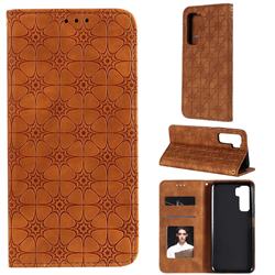 Intricate Embossing Four Leaf Clover Leather Wallet Case for Huawei P40 Lite 5G - Yellowish Brown