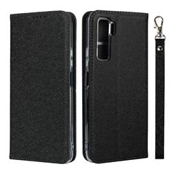 Ultra Slim Magnetic Automatic Suction Silk Lanyard Leather Flip Cover for Huawei P40 Lite 5G - Black