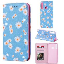 Ultra Slim Daisy Sparkle Glitter Powder Magnetic Leather Wallet Case for Huawei P40 Lite E - Blue