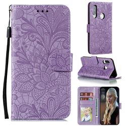 Intricate Embossing Lace Jasmine Flower Leather Wallet Case for Huawei P40 Lite E - Purple