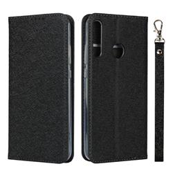Ultra Slim Magnetic Automatic Suction Silk Lanyard Leather Flip Cover for Huawei P40 Lite E - Black