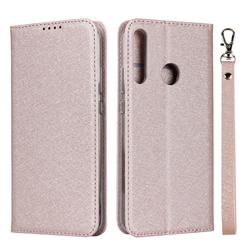 Ultra Slim Magnetic Automatic Suction Silk Lanyard Leather Flip Cover for Huawei P40 Lite E - Rose Gold