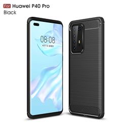 Luxury Carbon Fiber Brushed Wire Drawing Silicone TPU Back Cover for Huawei P40 Pro - Black