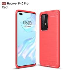 Luxury Carbon Fiber Brushed Wire Drawing Silicone TPU Back Cover for Huawei P40 Pro - Red
