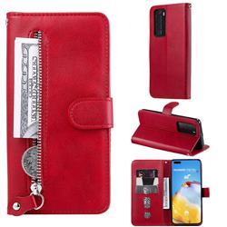 Retro Luxury Zipper Leather Phone Wallet Case for Huawei P40 Pro - Red