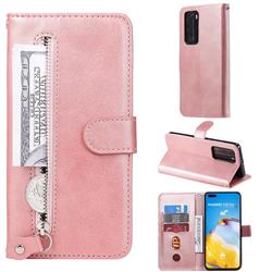 Retro Luxury Zipper Leather Phone Wallet Case for Huawei P40 Pro - Pink