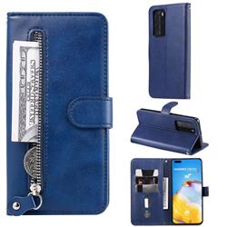 Retro Luxury Zipper Leather Phone Wallet Case for Huawei P40 Pro - Blue