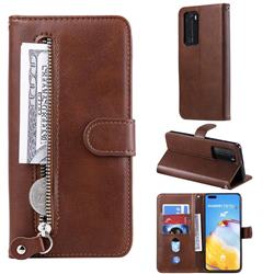 Retro Luxury Zipper Leather Phone Wallet Case for Huawei P40 Pro - Brown