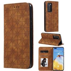 Intricate Embossing Four Leaf Clover Leather Wallet Case for Huawei P40 Pro - Yellowish Brown