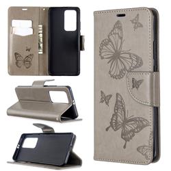 Embossing Double Butterfly Leather Wallet Case for Huawei P40 Pro - Gray