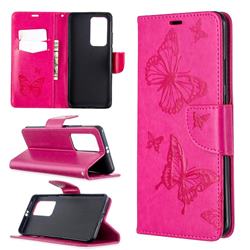 Embossing Double Butterfly Leather Wallet Case for Huawei P40 Pro - Red