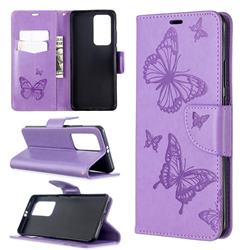 Embossing Double Butterfly Leather Wallet Case for Huawei P40 Pro - Purple