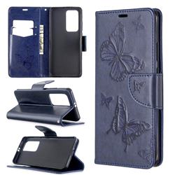 Embossing Double Butterfly Leather Wallet Case for Huawei P40 Pro - Dark Blue