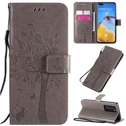 Embossing Butterfly Tree Leather Wallet Case for Huawei P40 Pro - Grey