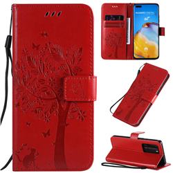 Embossing Butterfly Tree Leather Wallet Case for Huawei P40 Pro - Red