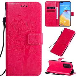 Embossing Butterfly Tree Leather Wallet Case for Huawei P40 Pro - Rose