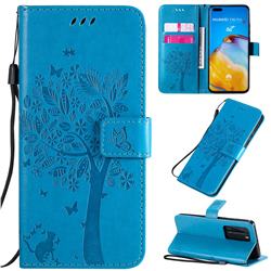 Embossing Butterfly Tree Leather Wallet Case for Huawei P40 Pro - Blue