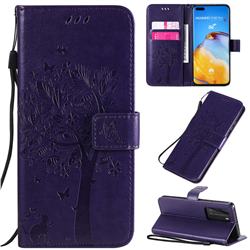 Embossing Butterfly Tree Leather Wallet Case for Huawei P40 Pro - Purple