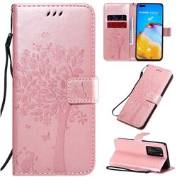 Embossing Butterfly Tree Leather Wallet Case for Huawei P40 Pro - Rose Pink