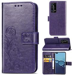 Embossing Imprint Four-Leaf Clover Leather Wallet Case for Huawei P40 Pro - Purple