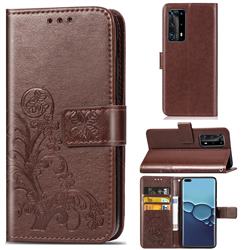 Embossing Imprint Four-Leaf Clover Leather Wallet Case for Huawei P40 Pro - Brown