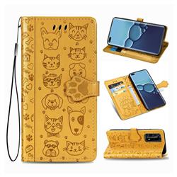 Embossing Dog Paw Kitten and Puppy Leather Wallet Case for Huawei P40 Pro - Yellow