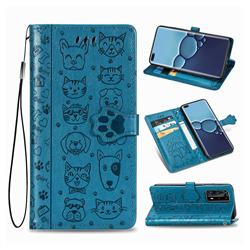 Embossing Dog Paw Kitten and Puppy Leather Wallet Case for Huawei P40 Pro - Blue
