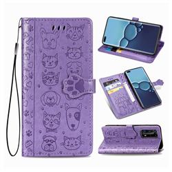 Embossing Dog Paw Kitten and Puppy Leather Wallet Case for Huawei P40 Pro - Purple