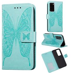 Intricate Embossing Vivid Butterfly Leather Wallet Case for Huawei P40 Pro - Green