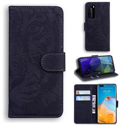 Intricate Embossing Tiger Face Leather Wallet Case for Huawei P40 Pro - Black