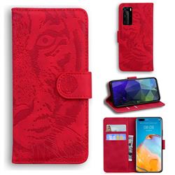 Intricate Embossing Tiger Face Leather Wallet Case for Huawei P40 Pro - Red