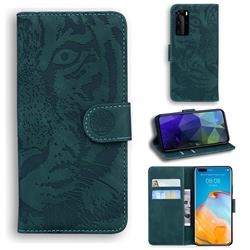 Intricate Embossing Tiger Face Leather Wallet Case for Huawei P40 Pro - Green