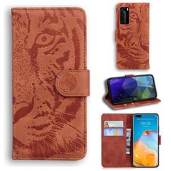 Intricate Embossing Tiger Face Leather Wallet Case for Huawei P40 Pro - Brown