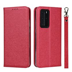 Ultra Slim Magnetic Automatic Suction Silk Lanyard Leather Flip Cover for Huawei P40 Pro - Red