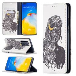 Girl with Long Hair Slim Magnetic Attraction Wallet Flip Cover for Huawei P40 Pro