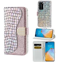 Glitter Diamond Buckle Laser Stitching Leather Wallet Phone Case for Huawei P40 Pro - Pink