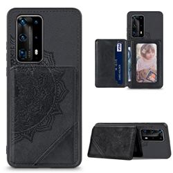 Mandala Flower Cloth Multifunction Stand Card Leather Phone Case for Huawei P40 Pro - Black