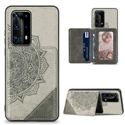Mandala Flower Cloth Multifunction Stand Card Leather Phone Case for Huawei P40 Pro - Gray