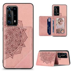 Mandala Flower Cloth Multifunction Stand Card Leather Phone Case for Huawei P40 Pro - Rose Gold