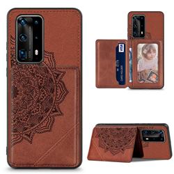 Mandala Flower Cloth Multifunction Stand Card Leather Phone Case for Huawei P40 Pro - Brown