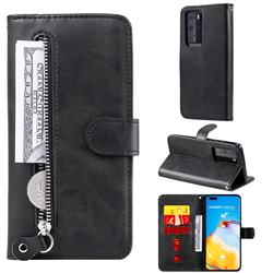 Retro Luxury Zipper Leather Phone Wallet Case for Huawei P40 Pro+ / P40 Plus 5G - Black