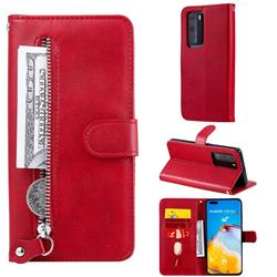 Retro Luxury Zipper Leather Phone Wallet Case for Huawei P40 Pro+ / P40 Plus 5G - Red