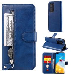 Retro Luxury Zipper Leather Phone Wallet Case for Huawei P40 Pro+ / P40 Plus 5G - Blue