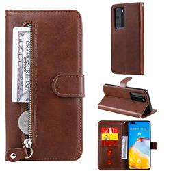 Retro Luxury Zipper Leather Phone Wallet Case for Huawei P40 Pro+ / P40 Plus 5G - Brown