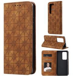 Intricate Embossing Four Leaf Clover Leather Wallet Case for Huawei P40 Pro+ / P40 Plus 5G - Yellowish Brown