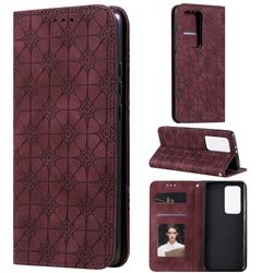 Intricate Embossing Four Leaf Clover Leather Wallet Case for Huawei P40 Pro+ / P40 Plus 5G - Claret