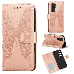 Intricate Embossing Vivid Butterfly Leather Wallet Case for Huawei P40 Pro+ / P40 Plus 5G - Rose Gold
