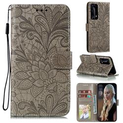 Intricate Embossing Lace Jasmine Flower Leather Wallet Case for Huawei P40 Pro+ / P40 Plus 5G - Gray